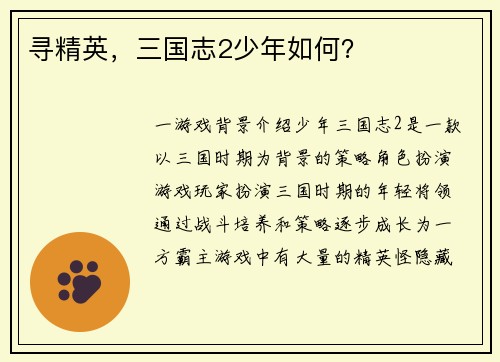 寻精英，三国志2少年如何？