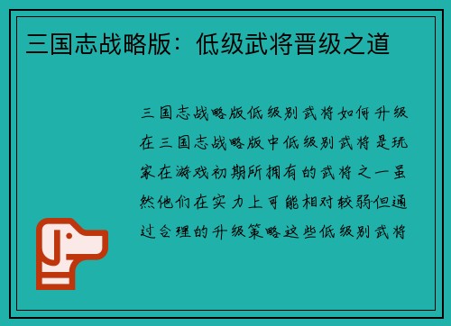 三国志战略版：低级武将晋级之道