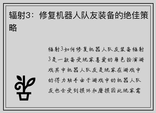 辐射3：修复机器人队友装备的绝佳策略