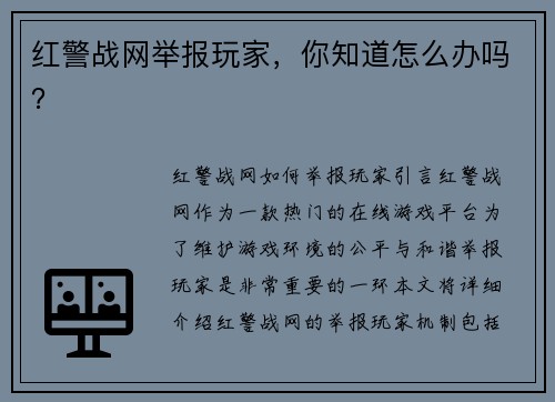 红警战网举报玩家，你知道怎么办吗？