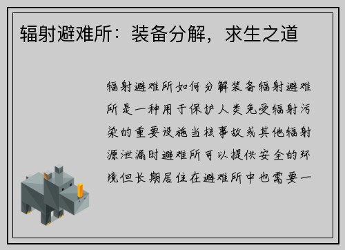辐射避难所：装备分解，求生之道